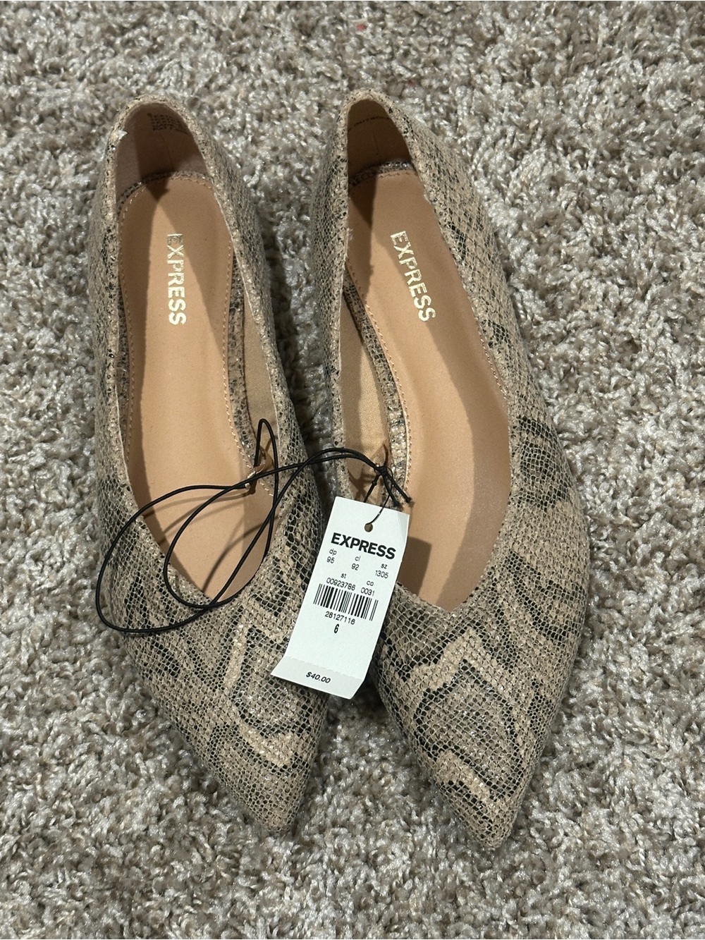 Express Tan Snake-Print Pointed-Toe Flats